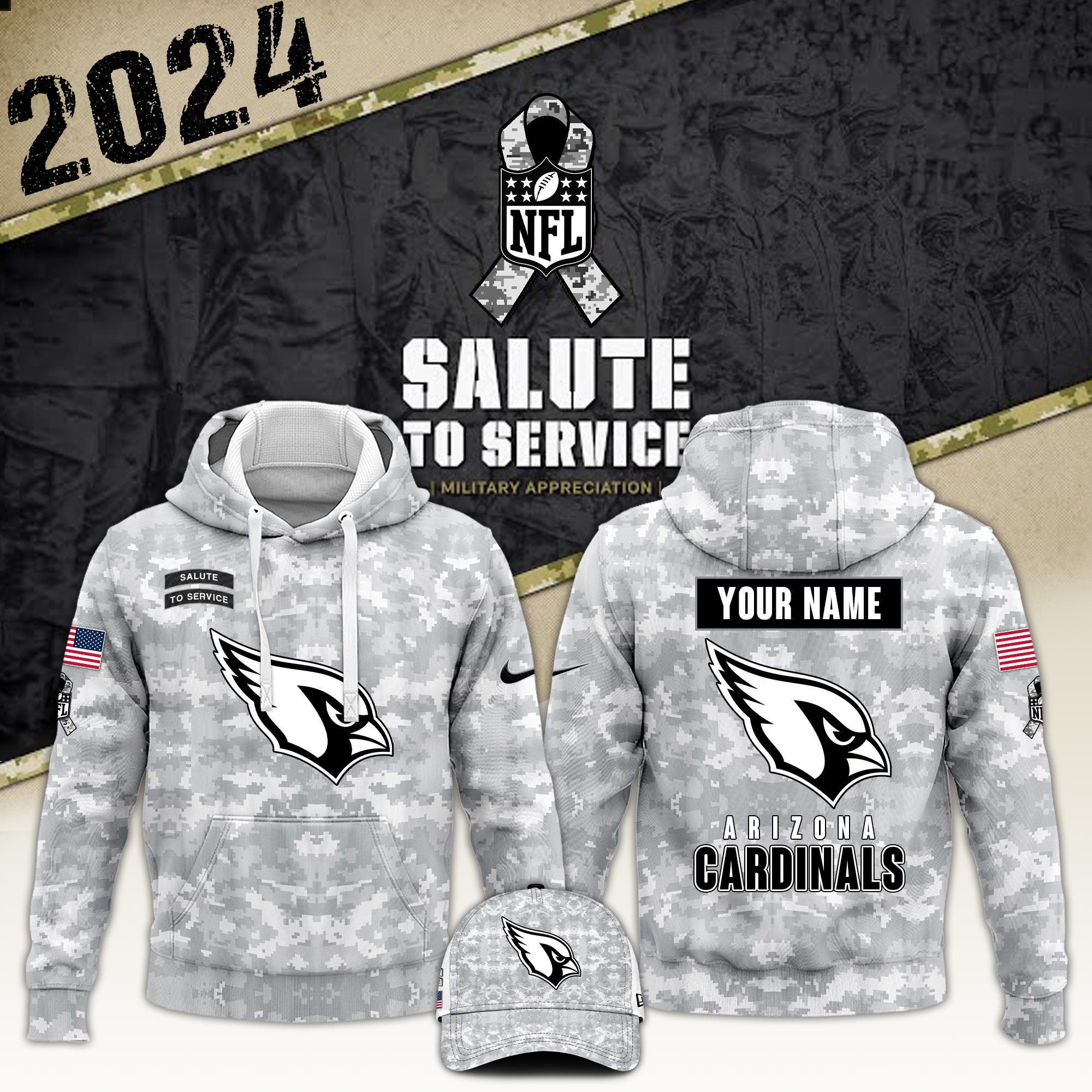 Arizona Cardinals  Arctic Camo Salute to Service Club Hoodie 2024