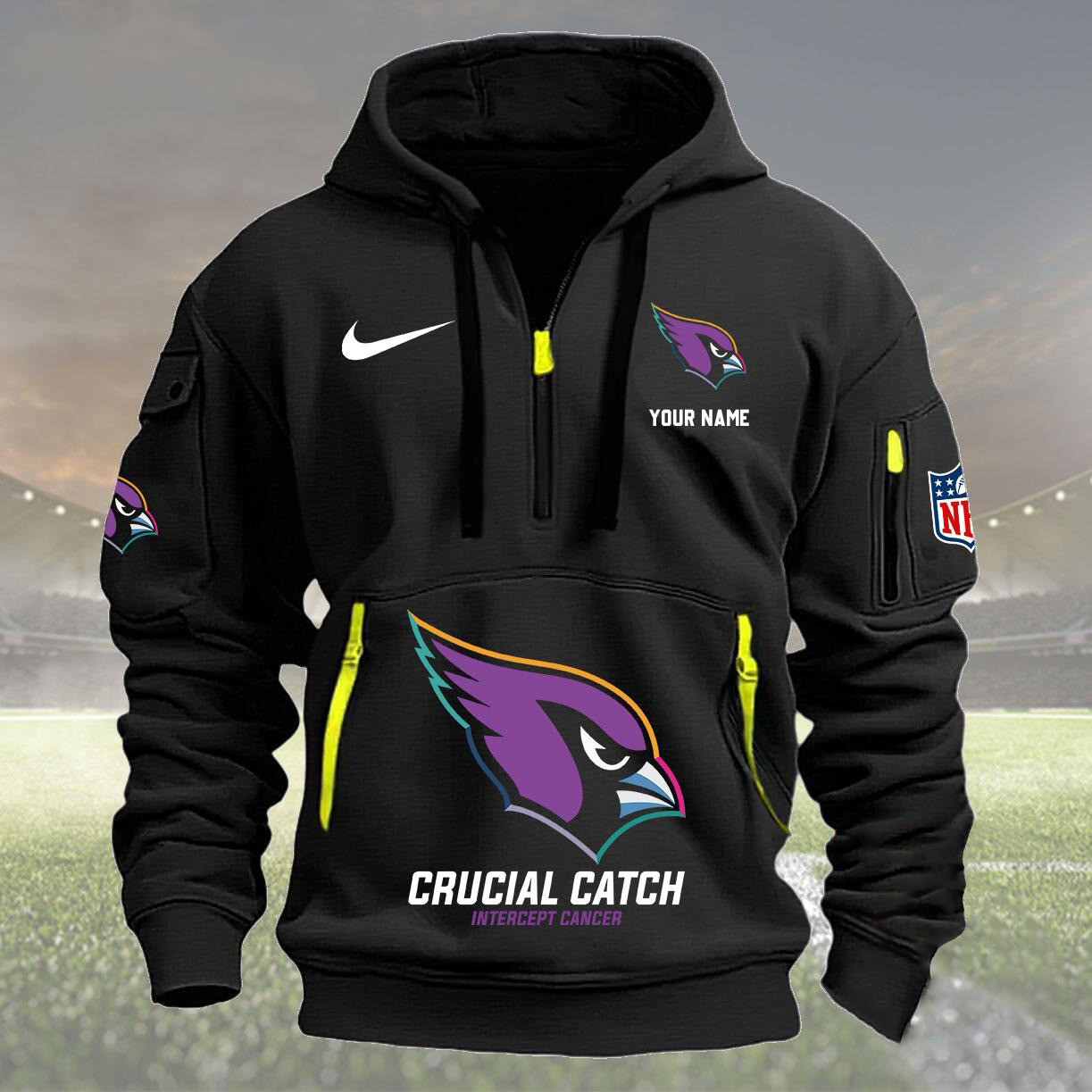 Arizona Cardinals Football Quarter Zip Hoodie Crucial Catch Intercept Cancer
