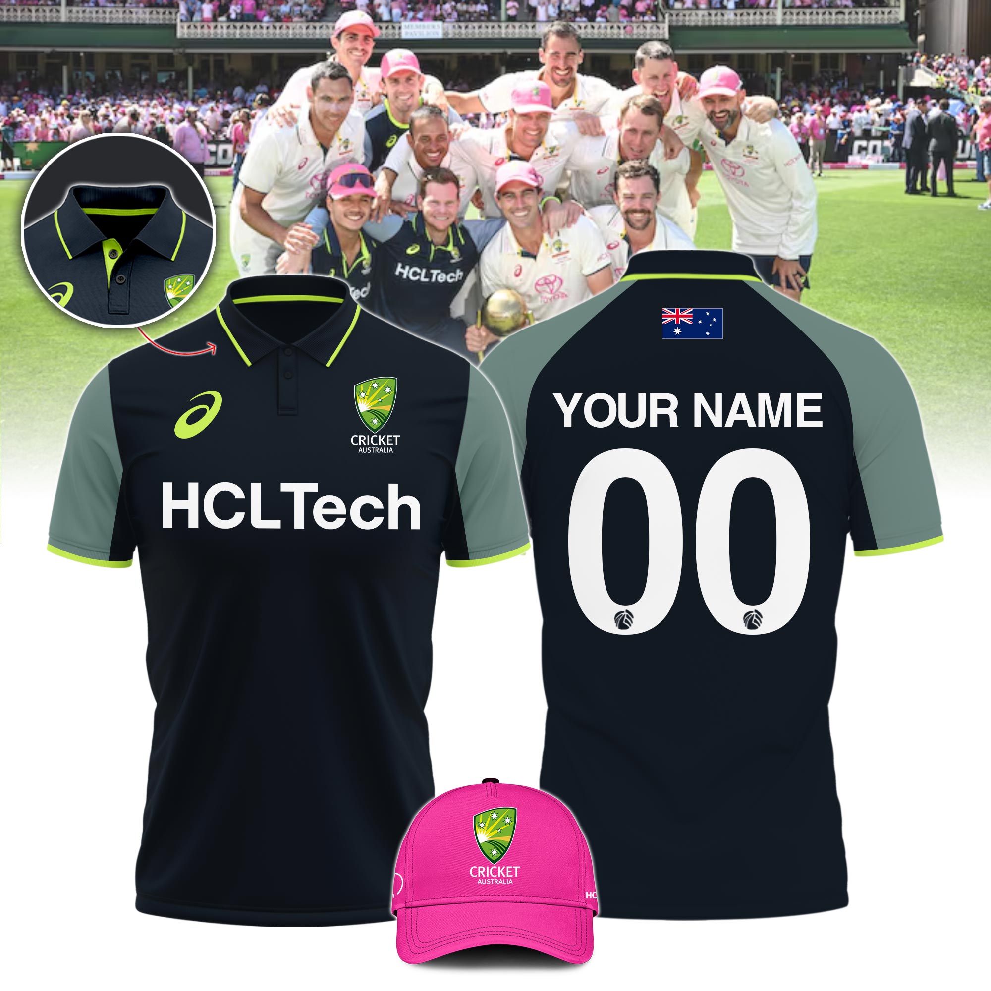 Australia National Cricket Green Polo Custom Name & Number