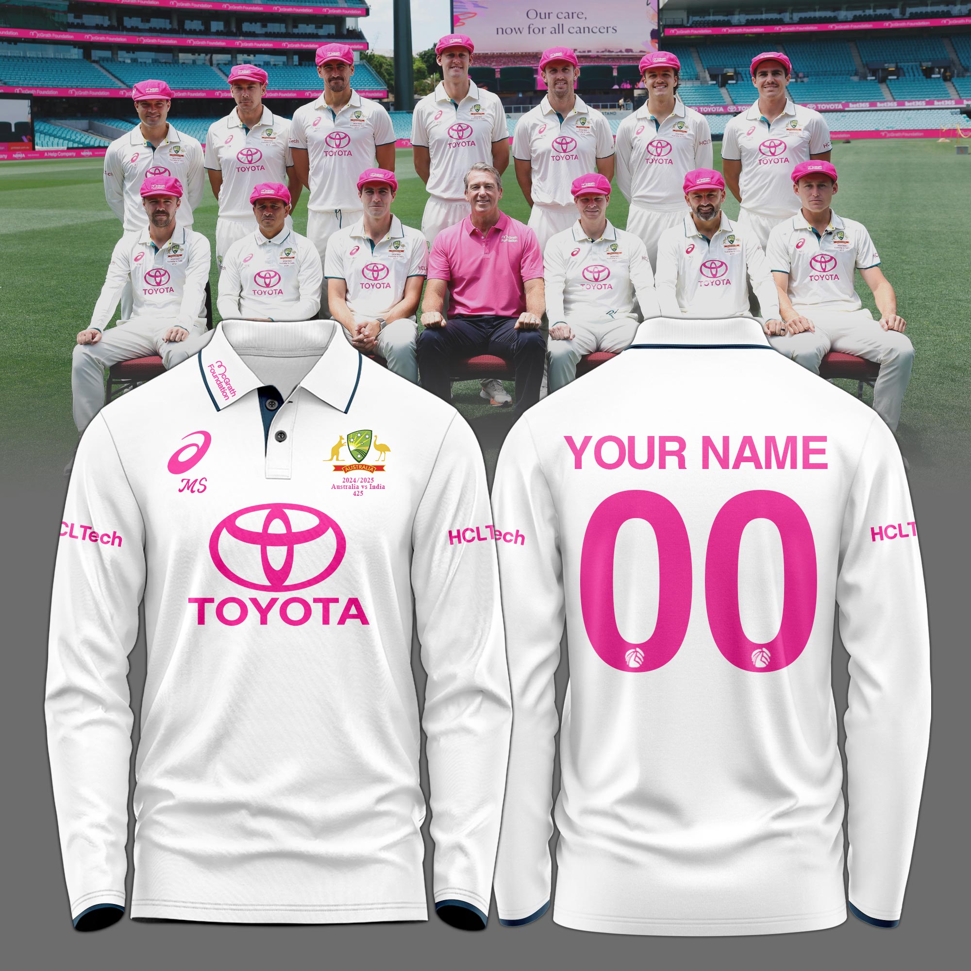 Australia National Cricket Pink Test Longsleeve Polo Custom Name & Number