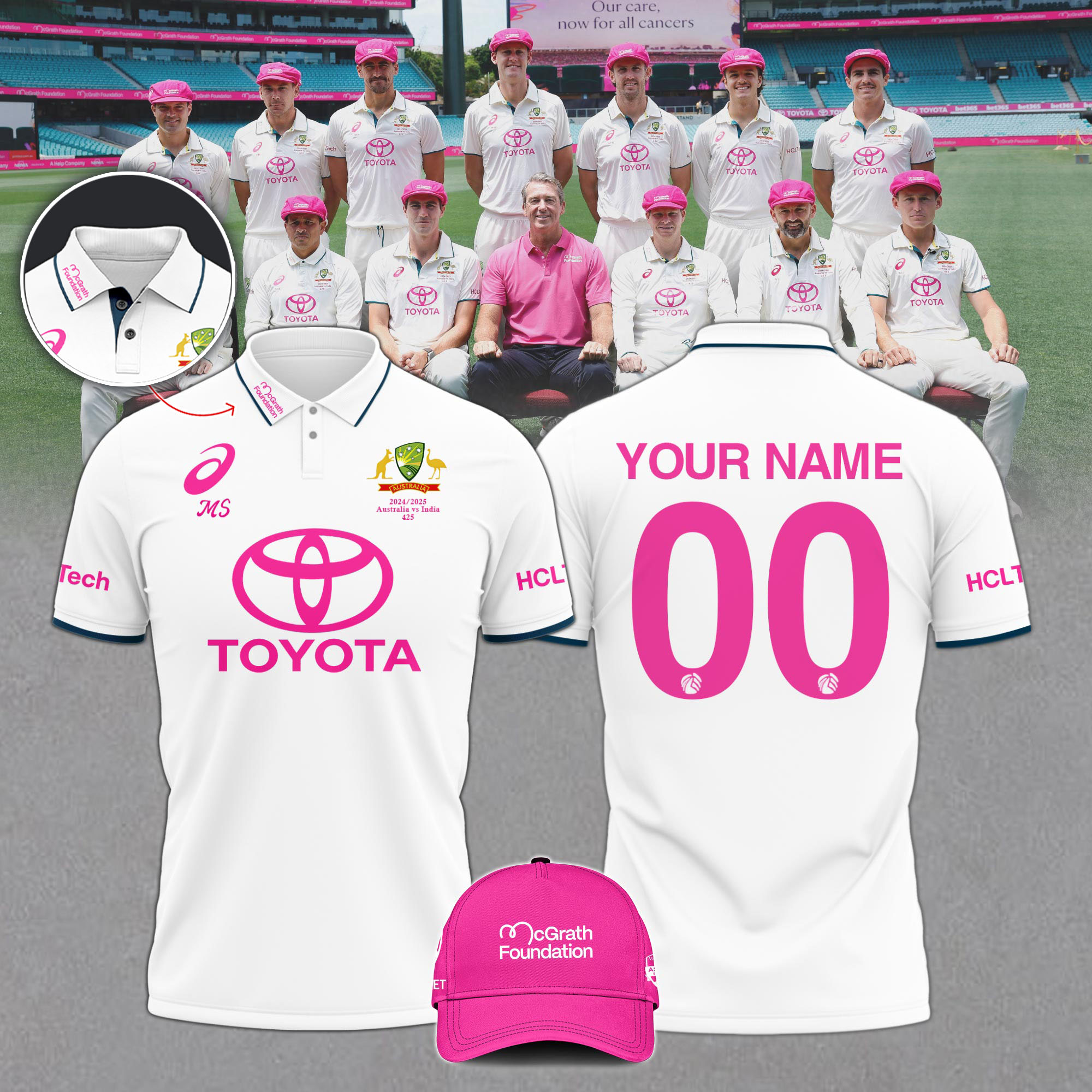 Australia National Cricket Pink Test Polo Custom Name & Number
