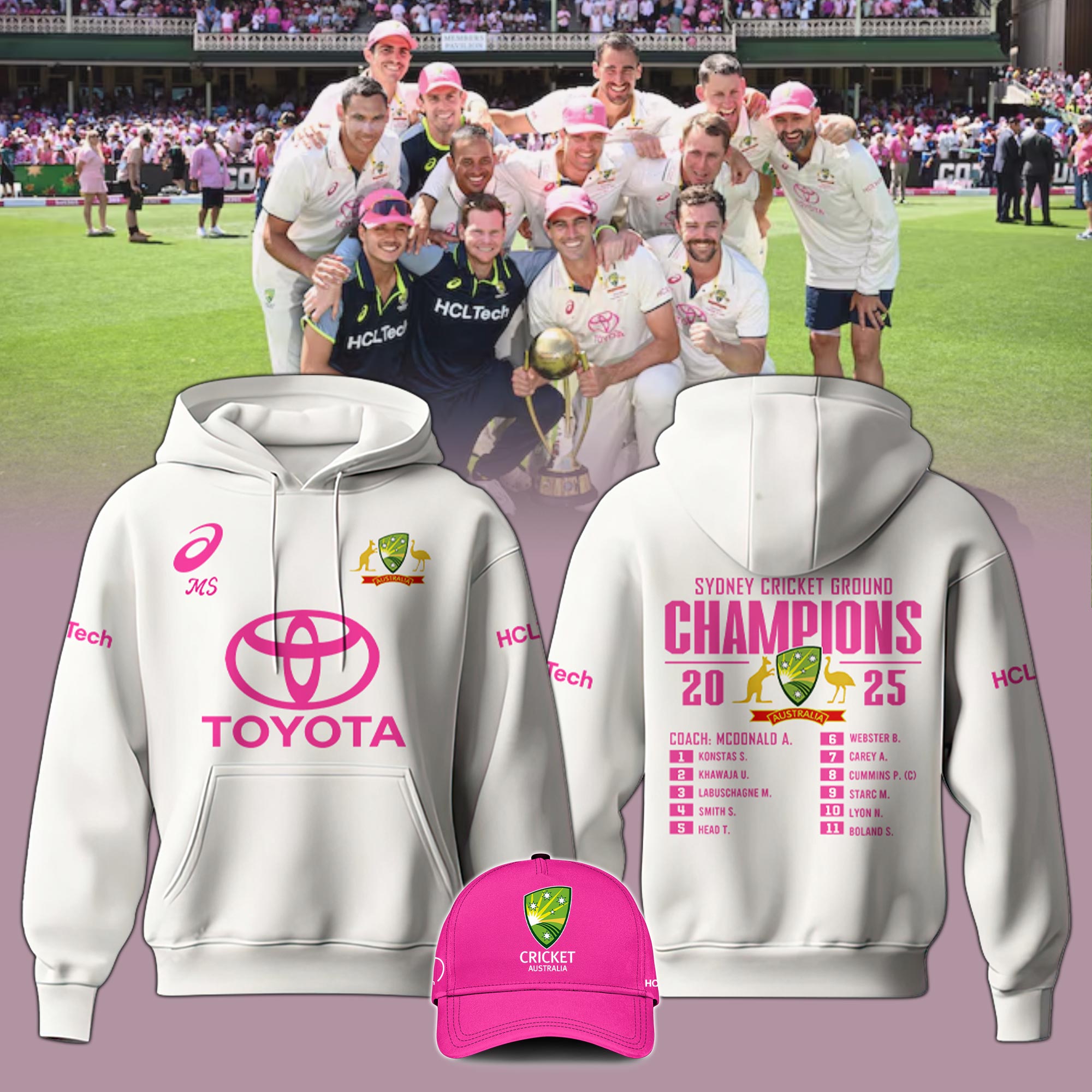 Australian Team in Pink Jersey with Glenn McGrath Hoodie Champions  Editions Limied