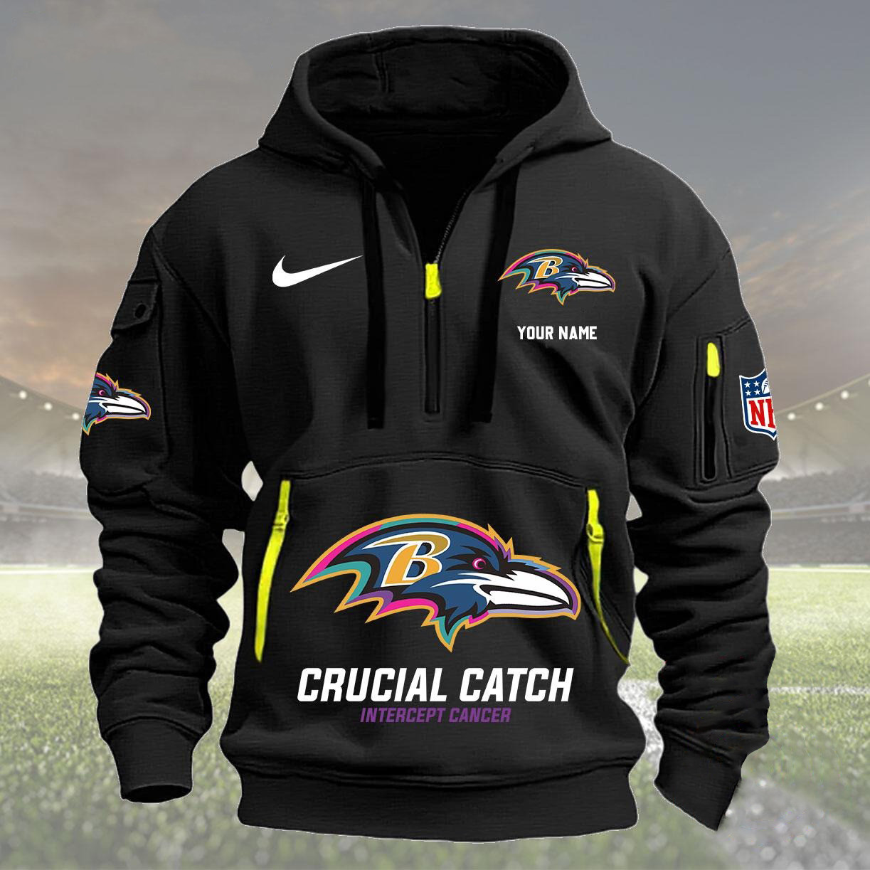 Baltimore Ravens 2024 Quarter Half Zip Hoodie Crucial Catch Intercept Cancer