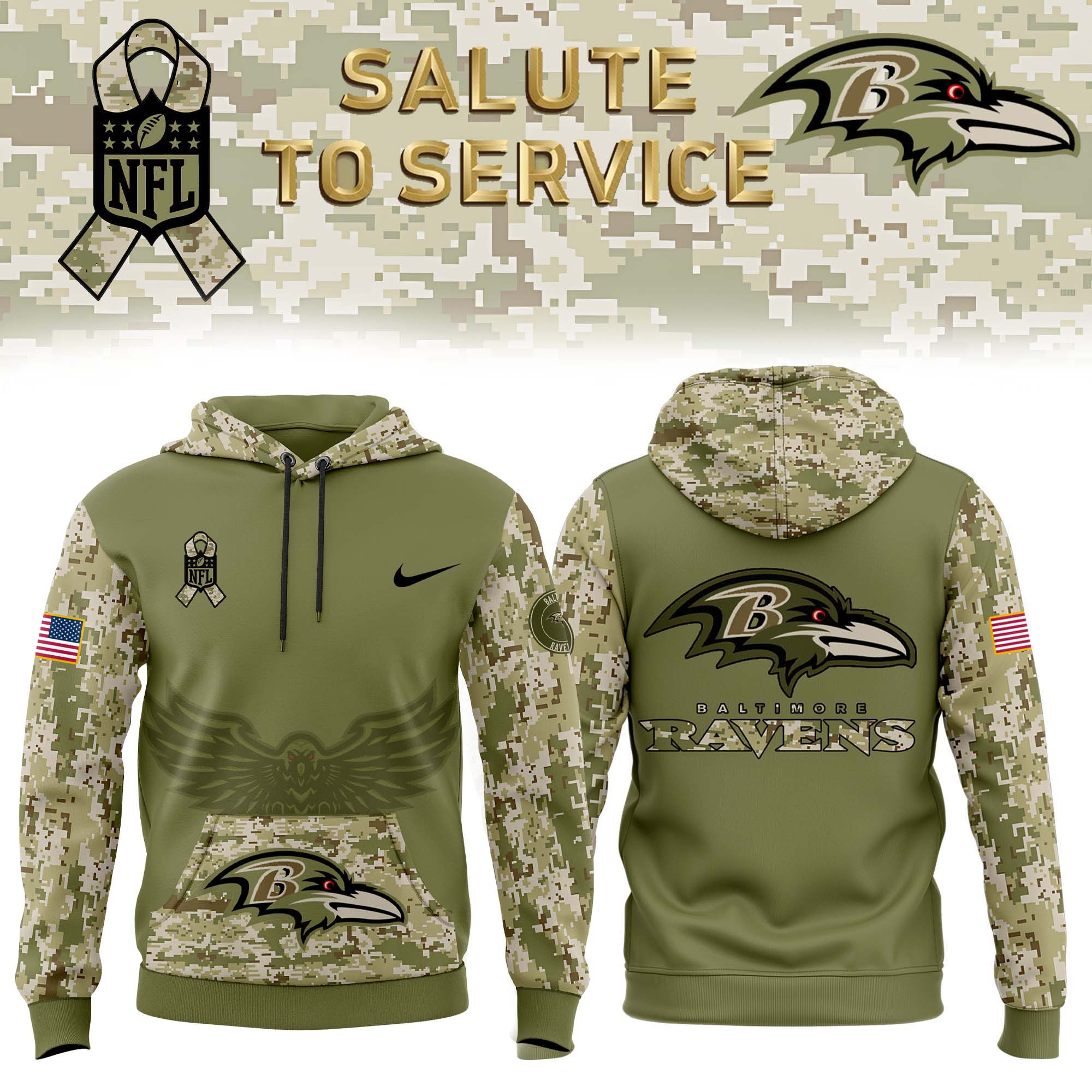 Baltimore Ravens Camo Salute to Service Club Fleece Pullover Hoodie