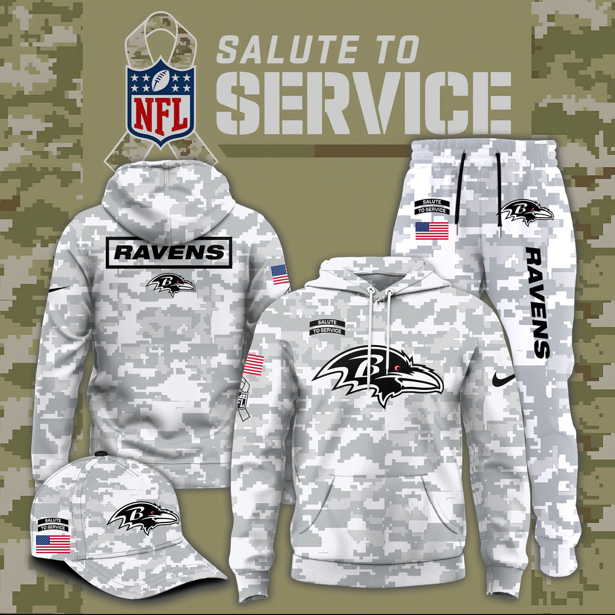 Baltimore Ravens Salute to Service Club Fleece Pullover Arctic Camo Hoodie
