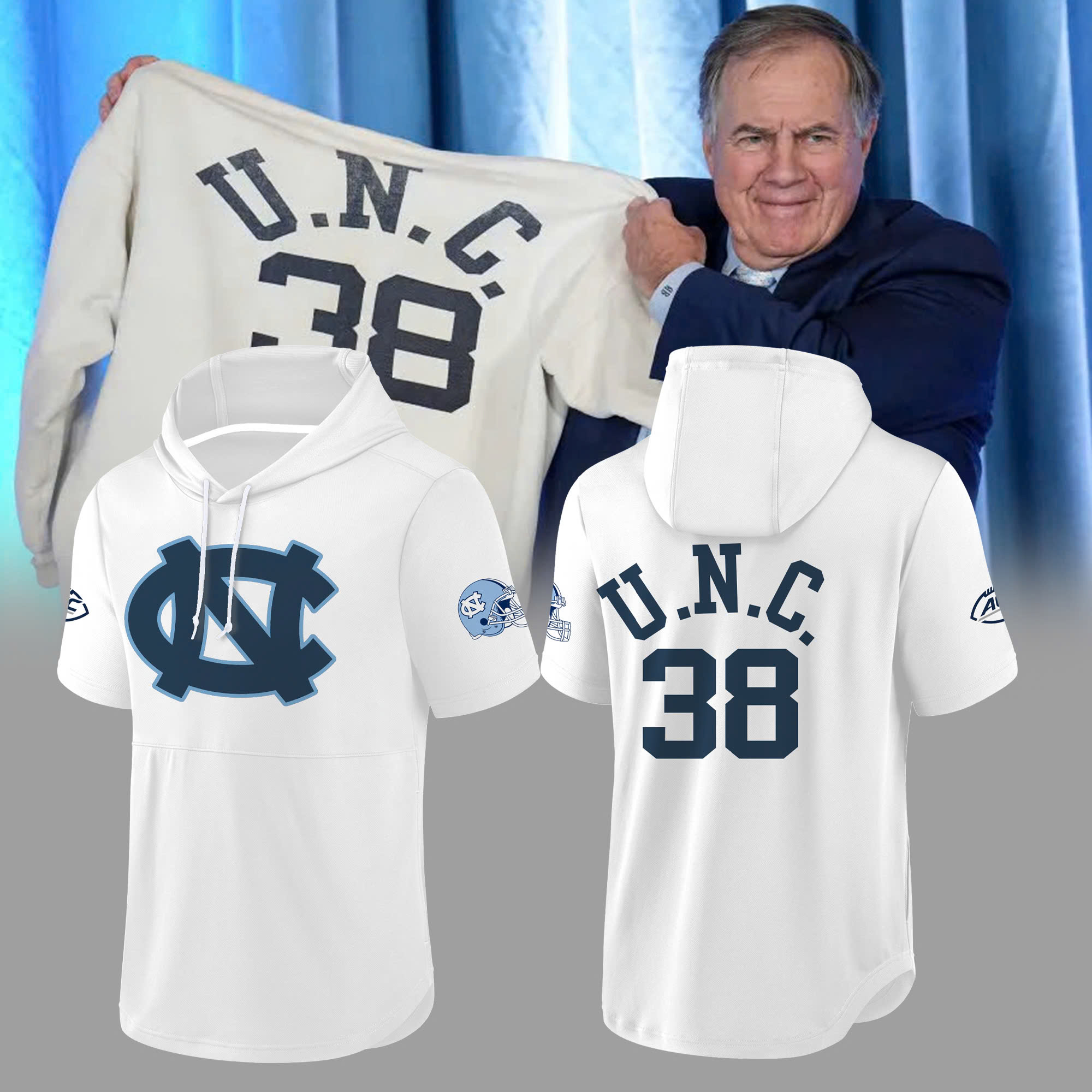Bill Belichick #38 U.N.C Short Sleeved Hoodie