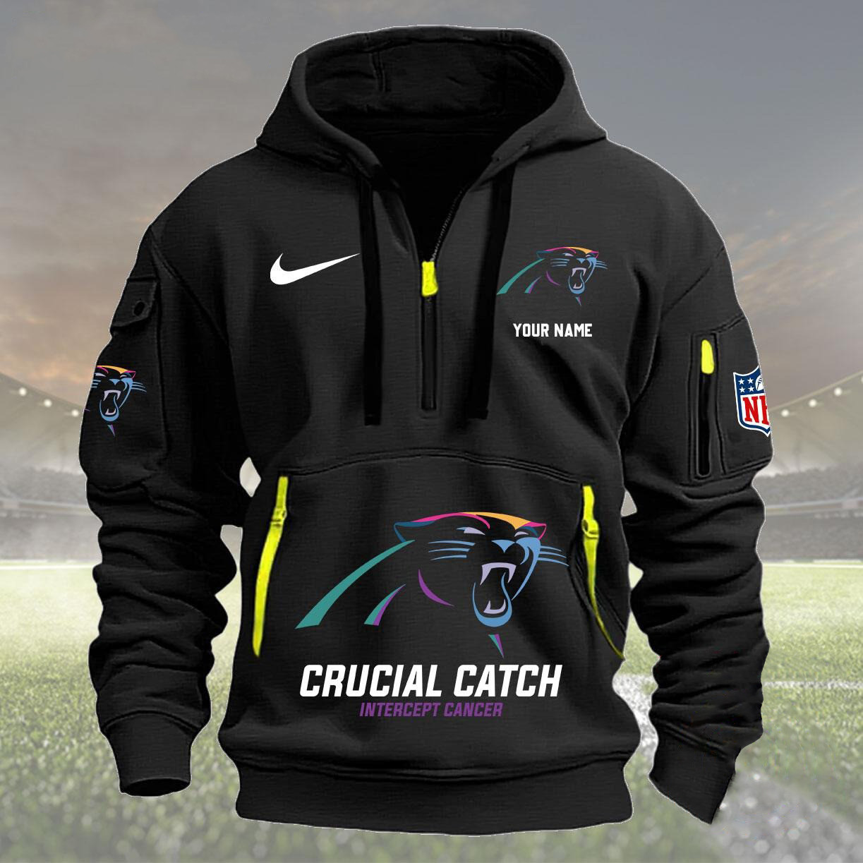 Carolina Panthers 2024 Quarter Half Zip Hoodie Crucial Catch Intercept Cancer