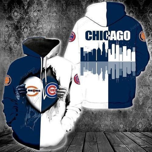 Chicago Bears And Chicago Cubs Heartbeat Love Ripped Hoodie & Zip Hoodie