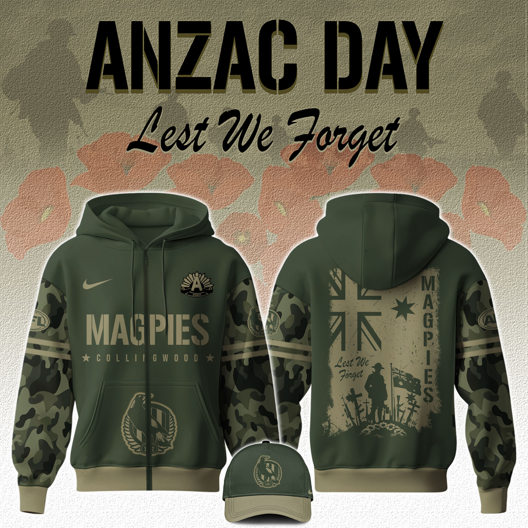 Collingwood Magpies AFL x Anzac Day Zip Hoodie 2025