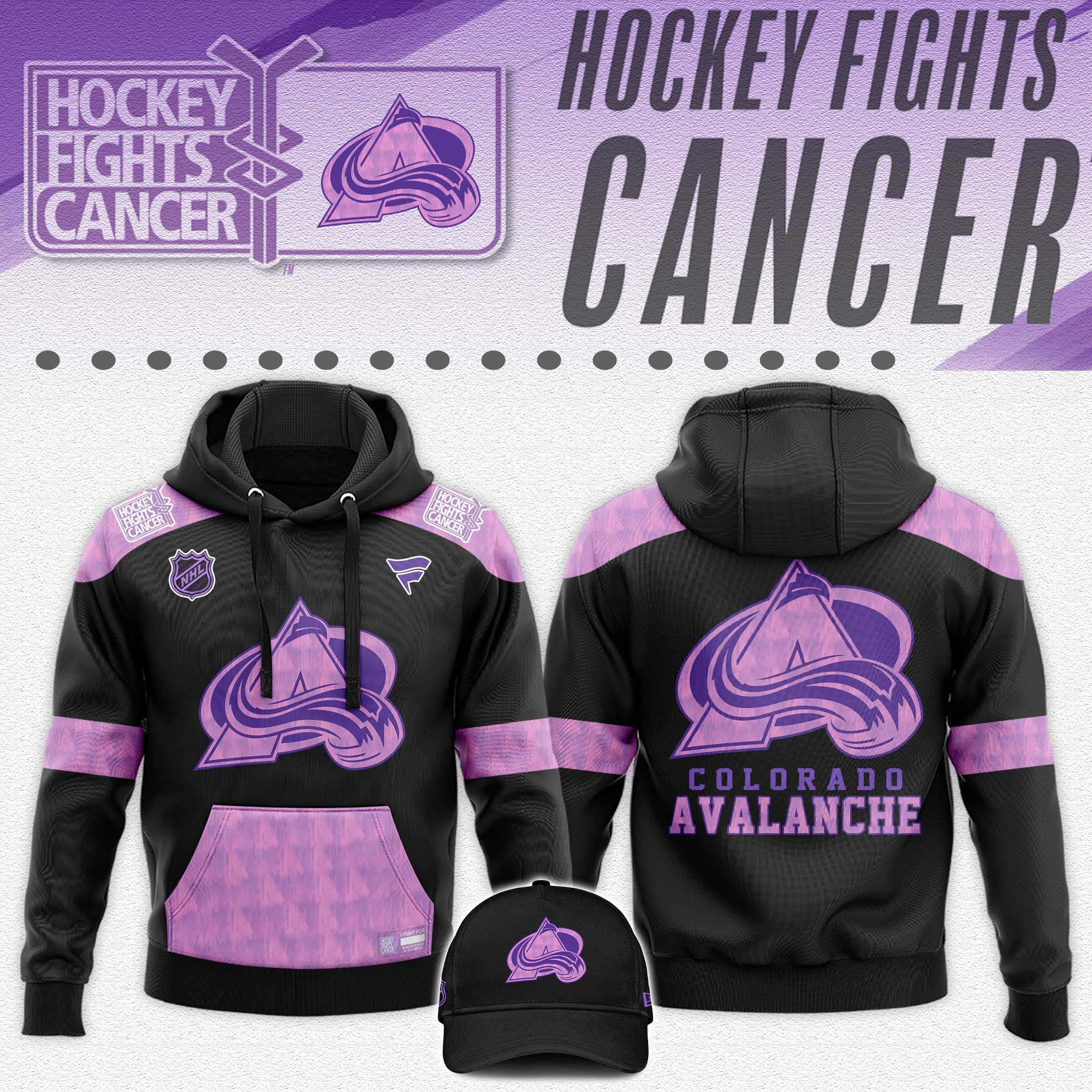 Colorado Avalanche x Hockey Fights Cancer Black Hoodie 2024