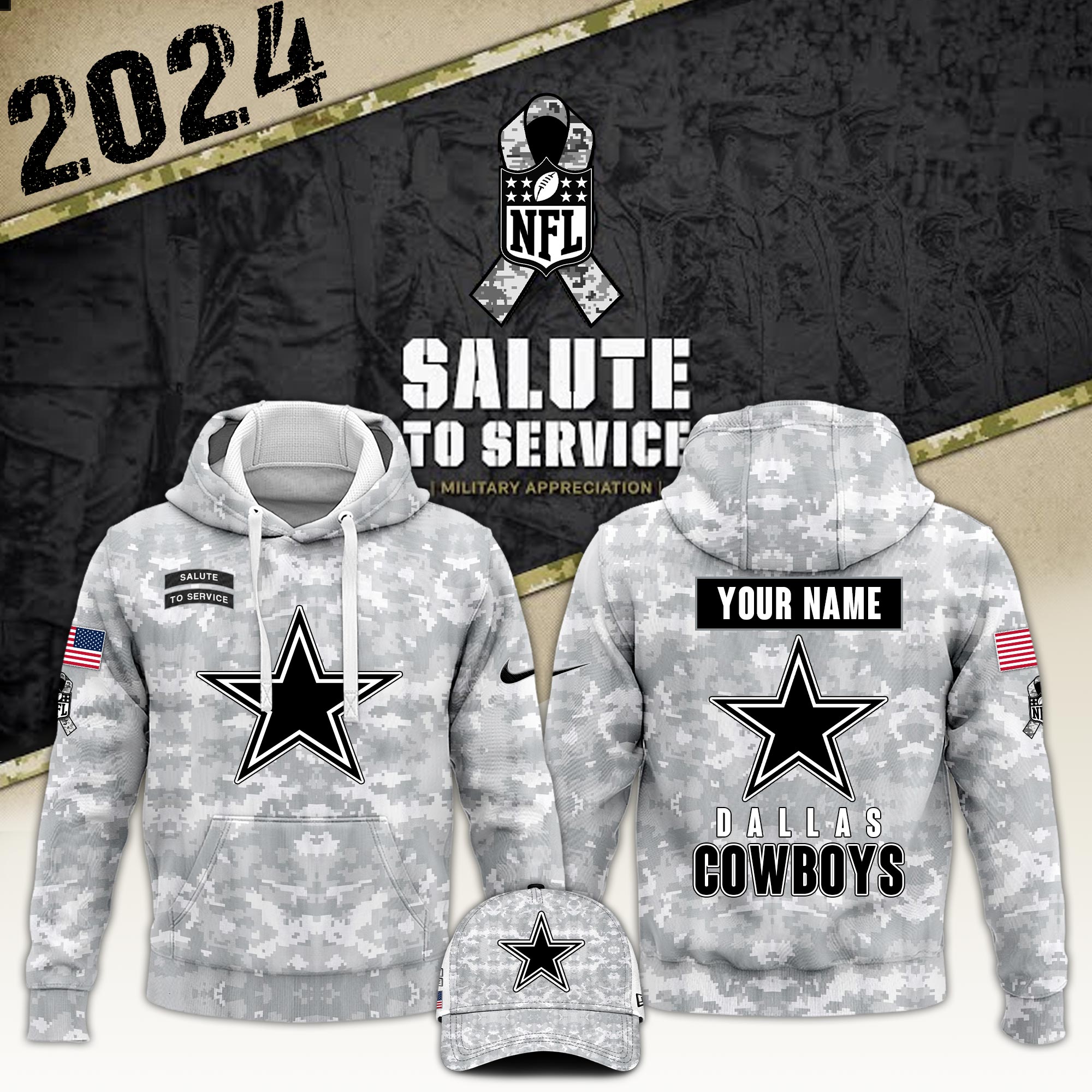 Dallas Cowboys  Arctic Camo Salute to Service Club Hoodie 2024