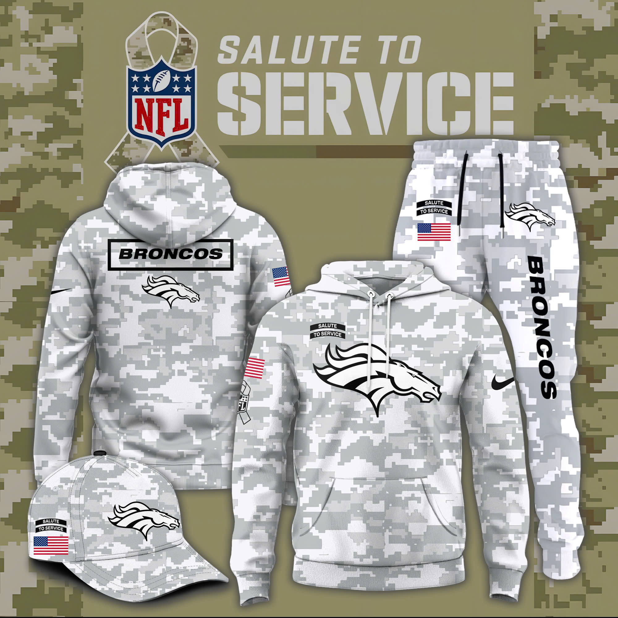 Denver Broncos Salute to Service Club Fleece Pullover Arctic Camo Hoodie