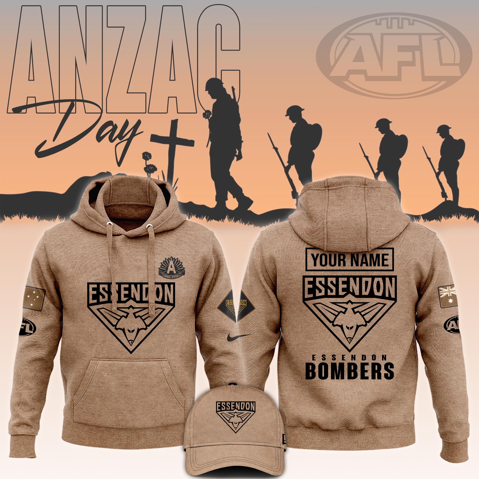 Essendon Bombers AFL Anzac Day Hoodie