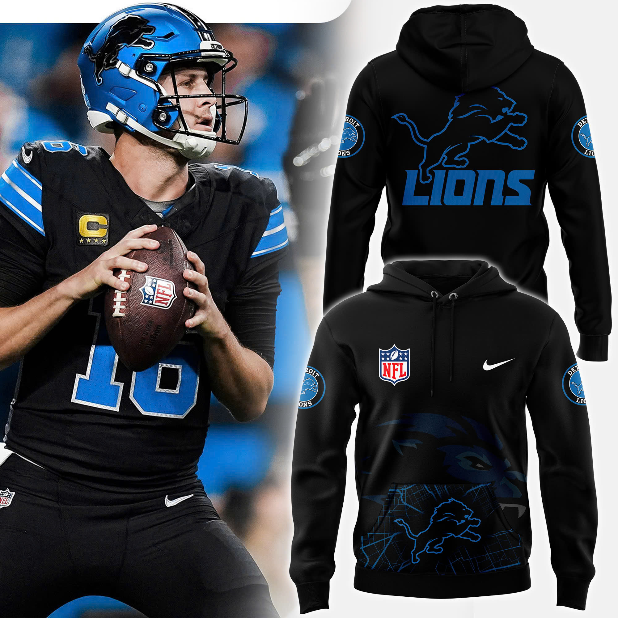 Full Black Detroit Lions Alternate Helmet Pullover Hoodie