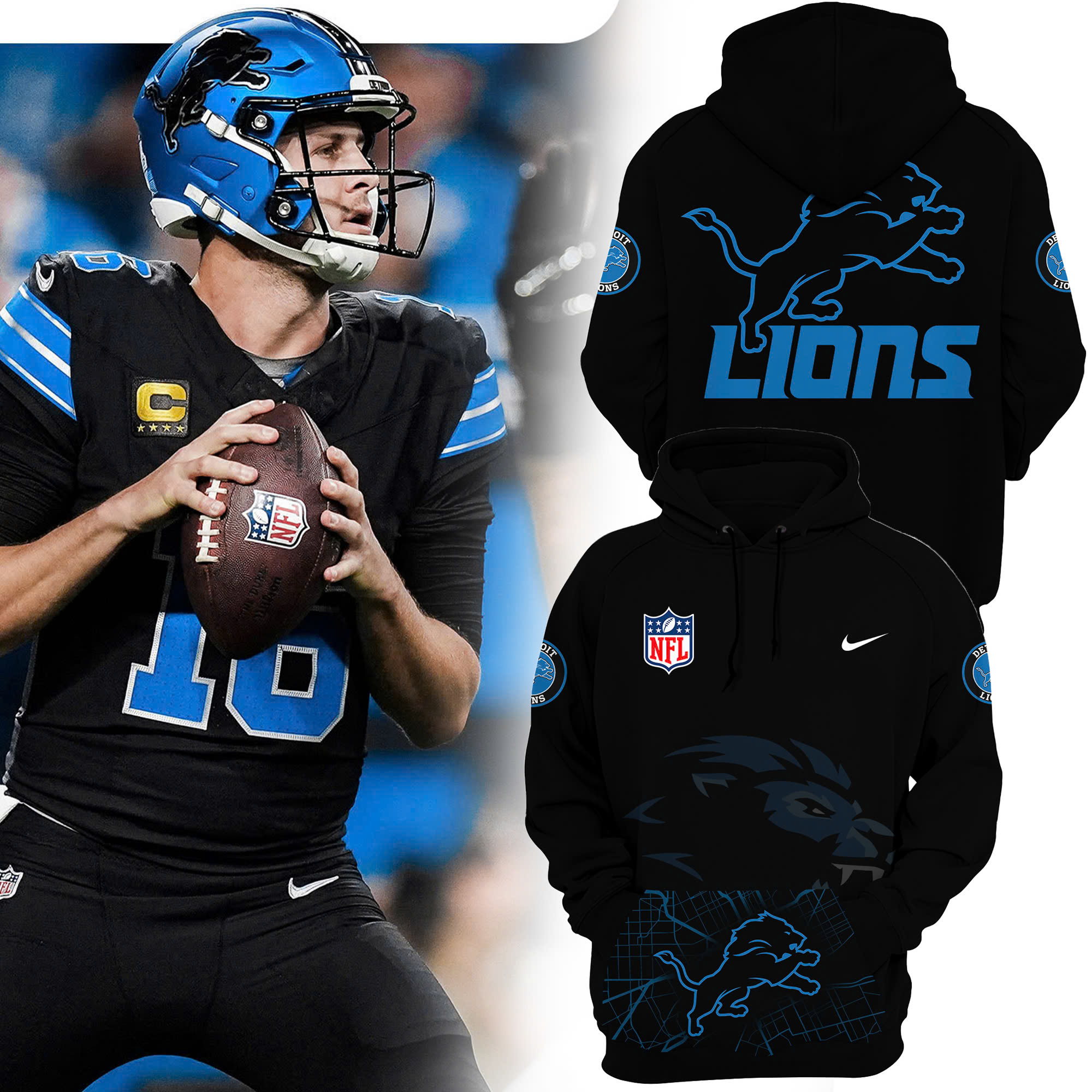 Full Black Detroit Lions Alternate Helmet Pullover Hoodie
