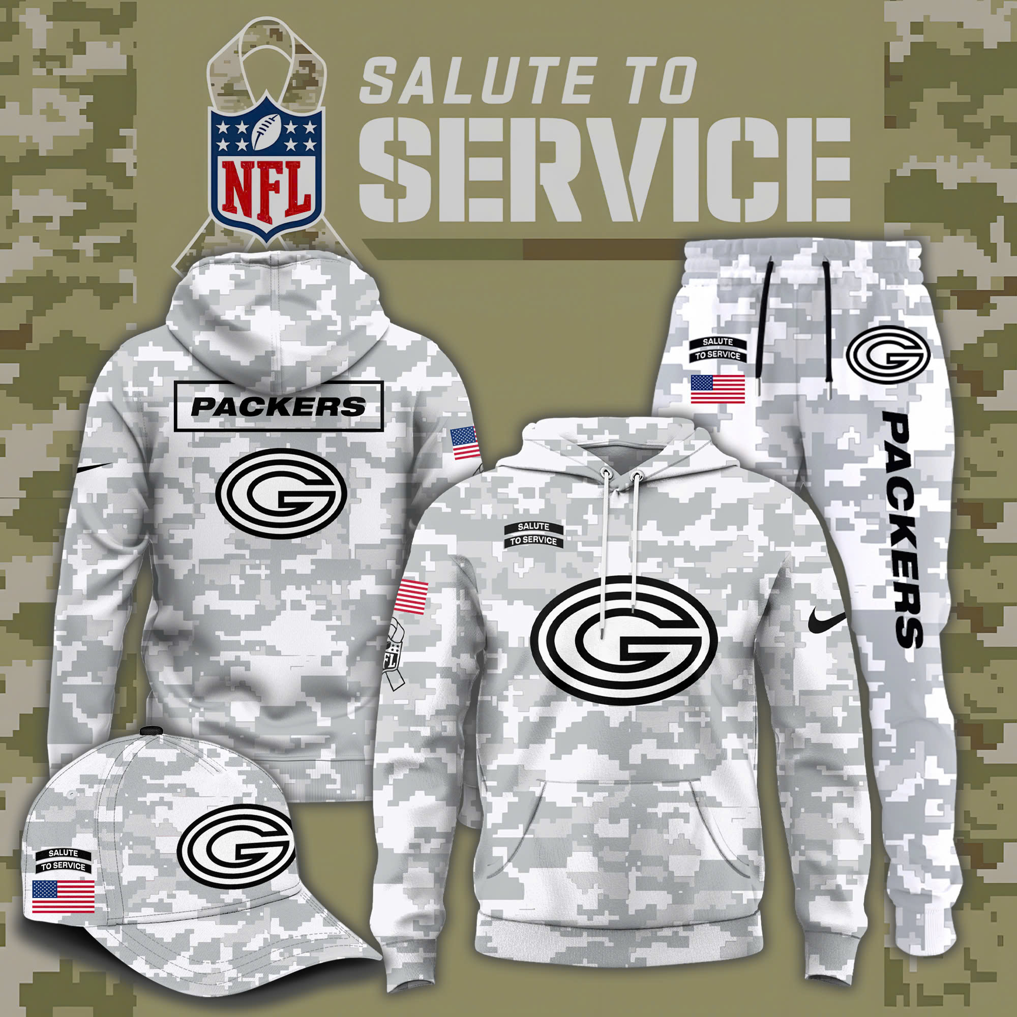 Green Bay Packers Salute to Service Club Fleece Pullover Arctic Camo Hoodie