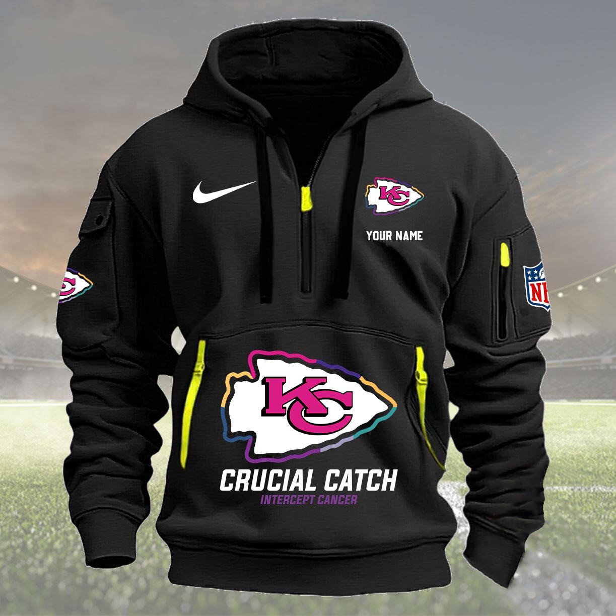 Kansas City Chiefs 2024 Quarter Half Zip Hoodie Crucial Catch Intercept Cancer