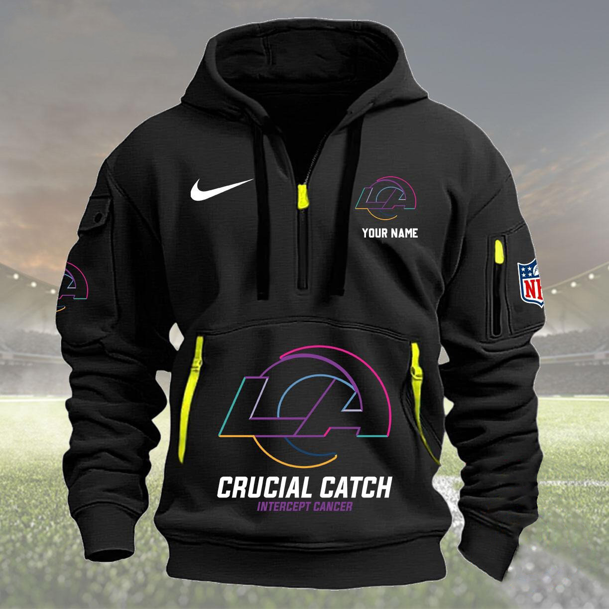 Los Angeles Rams 2024 Quarter Half Zip Hoodie Crucial Catch Intercept Cancer