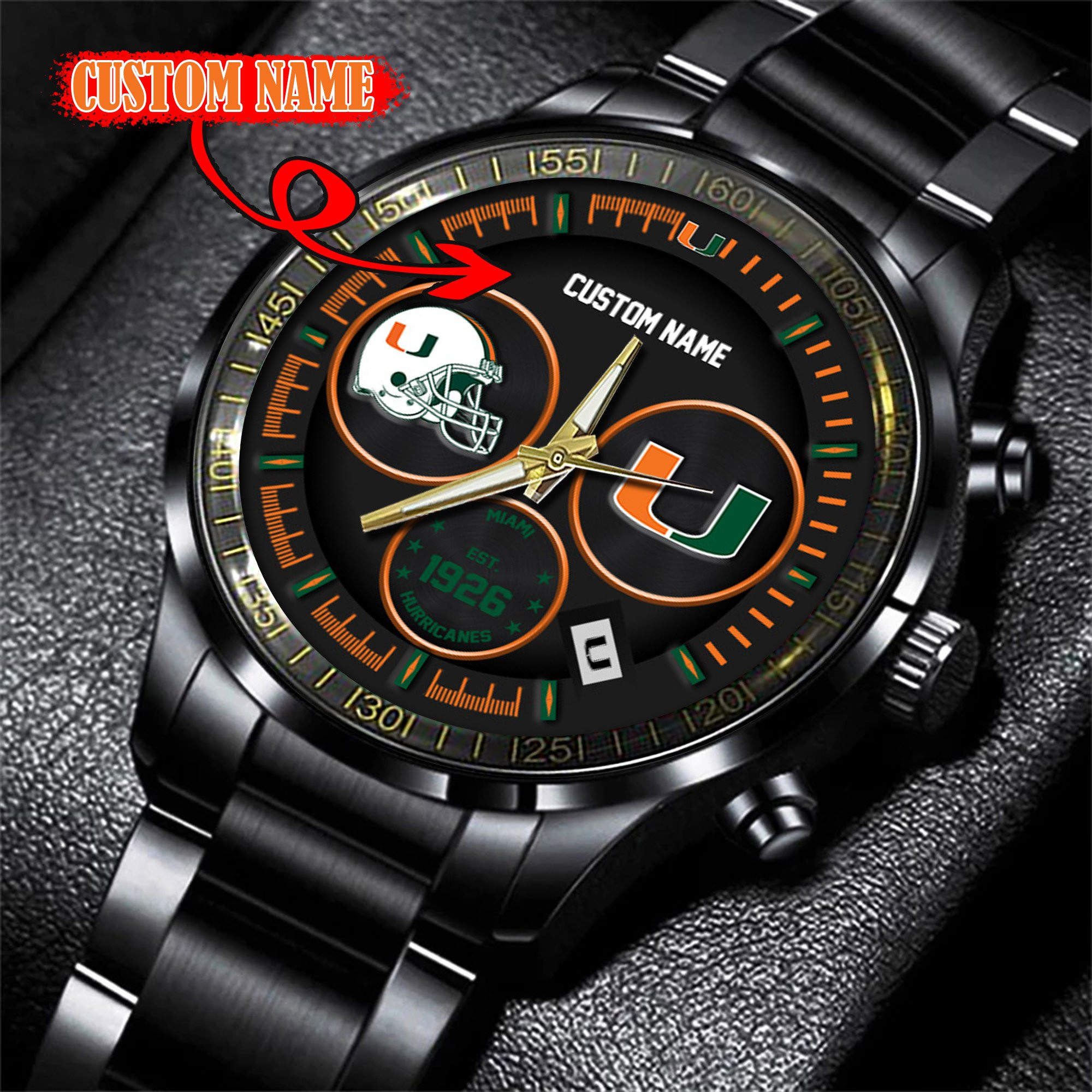 Miami Hurricanes Black Stainless Steel Watch