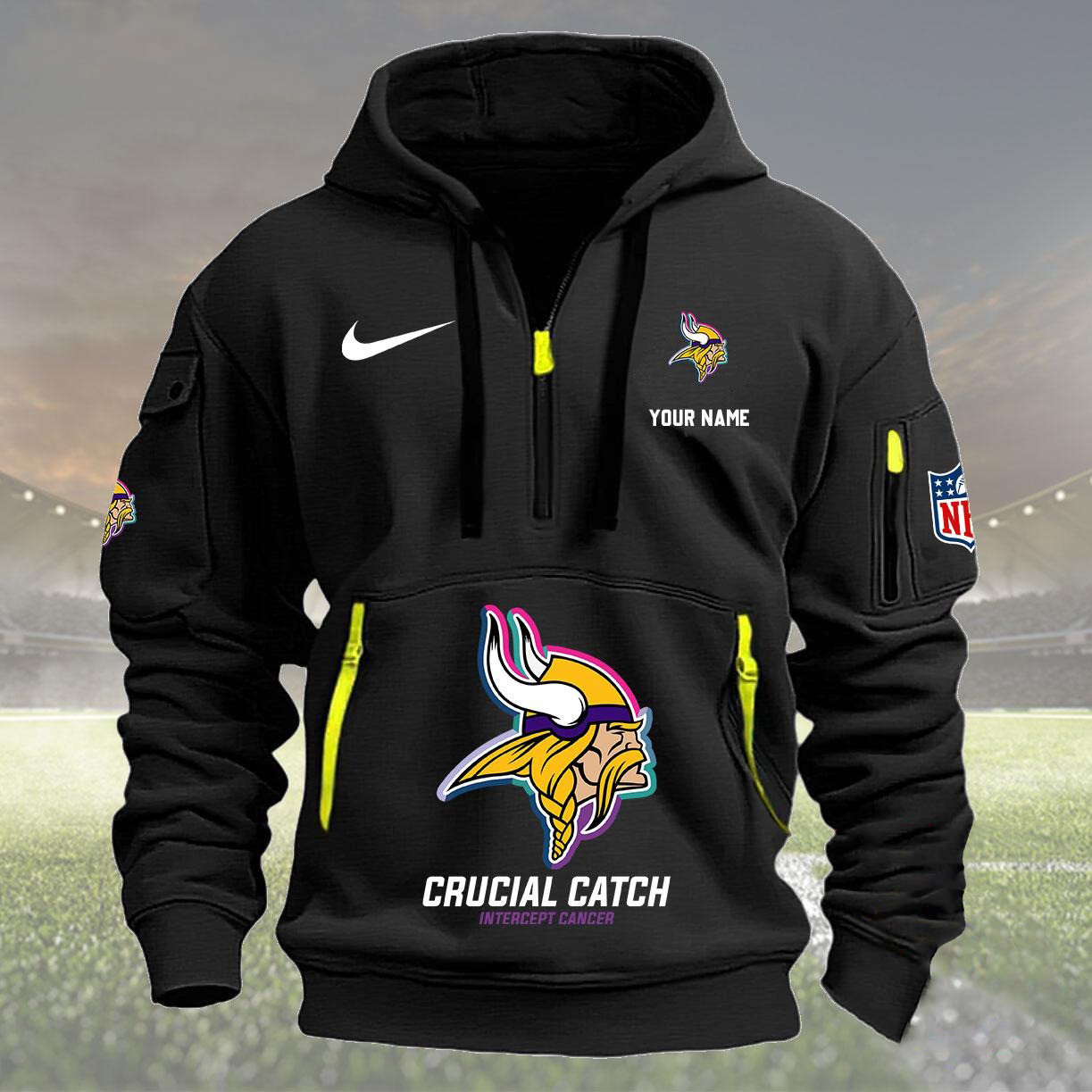 Minnesota Vikings 2024 Quarter Half Zip Hoodie Crucial Catch Intercept Cancer