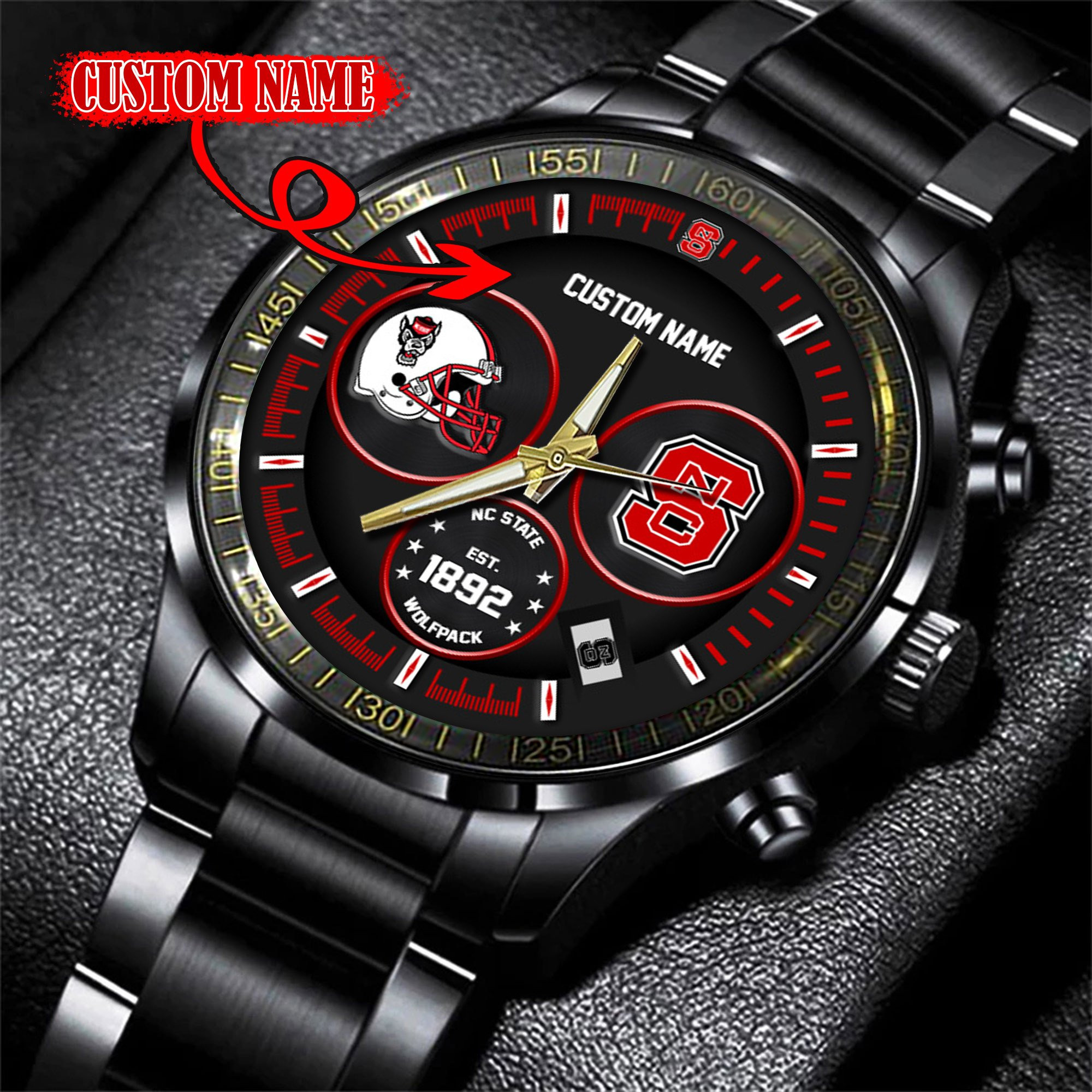 NC State Wolfpack Black Stainless Steel Watch