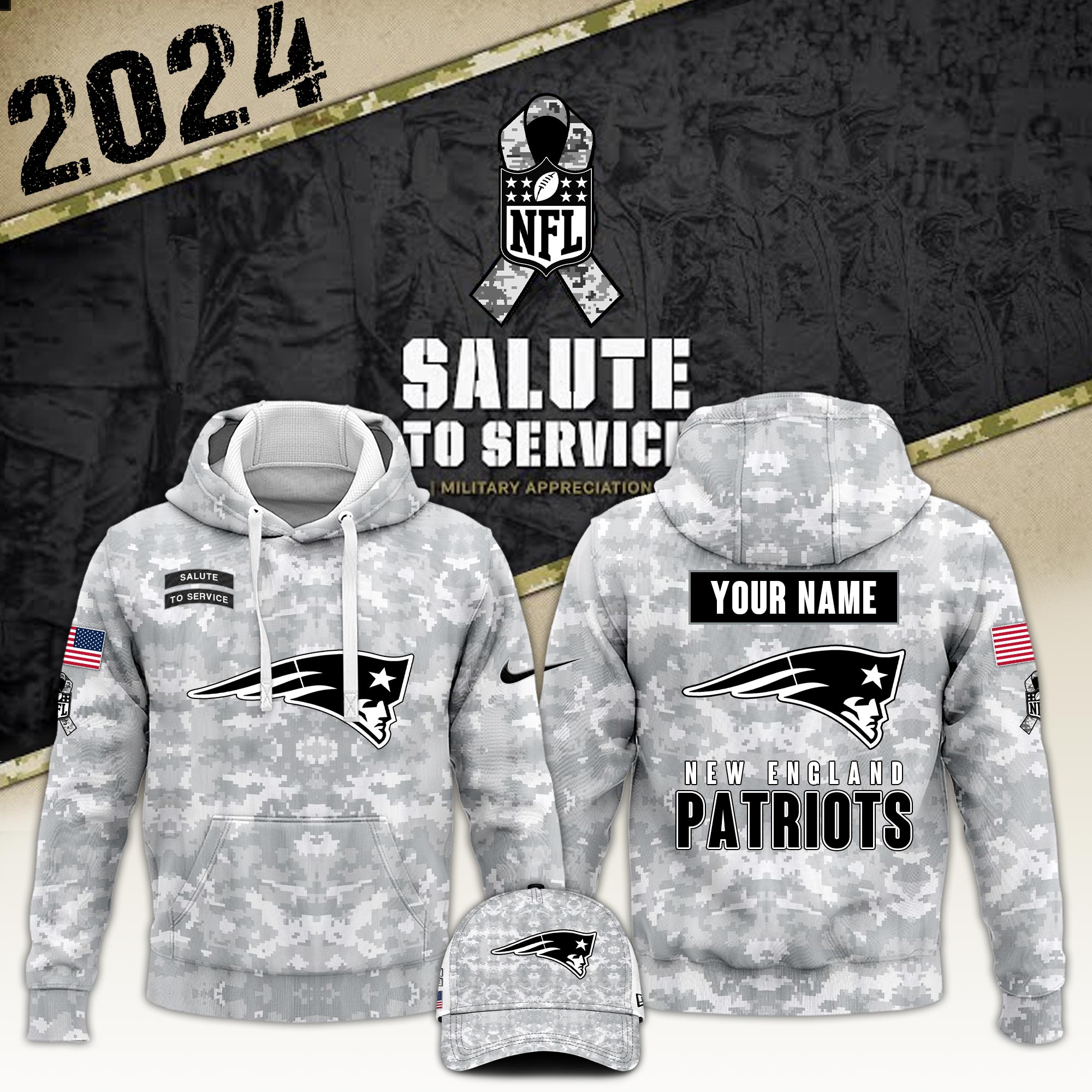 New England Patriots Arctic Camo Salute to Service Club Hoodie 2024