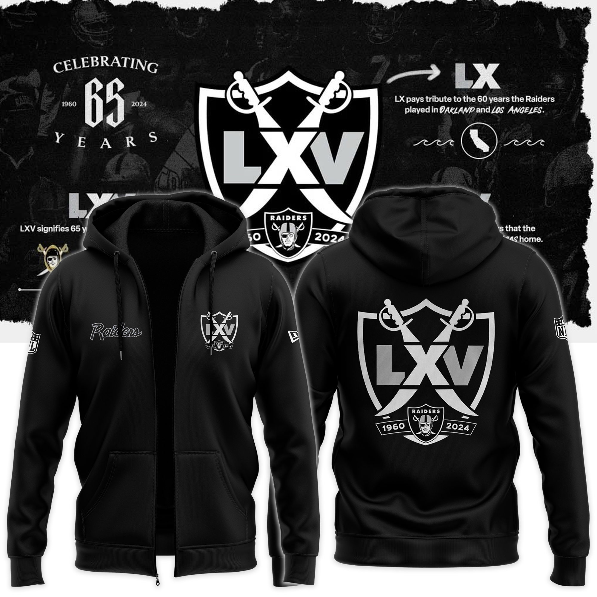 NEW ERA RAIDERS 65TH SEASON ZIP HOODIE