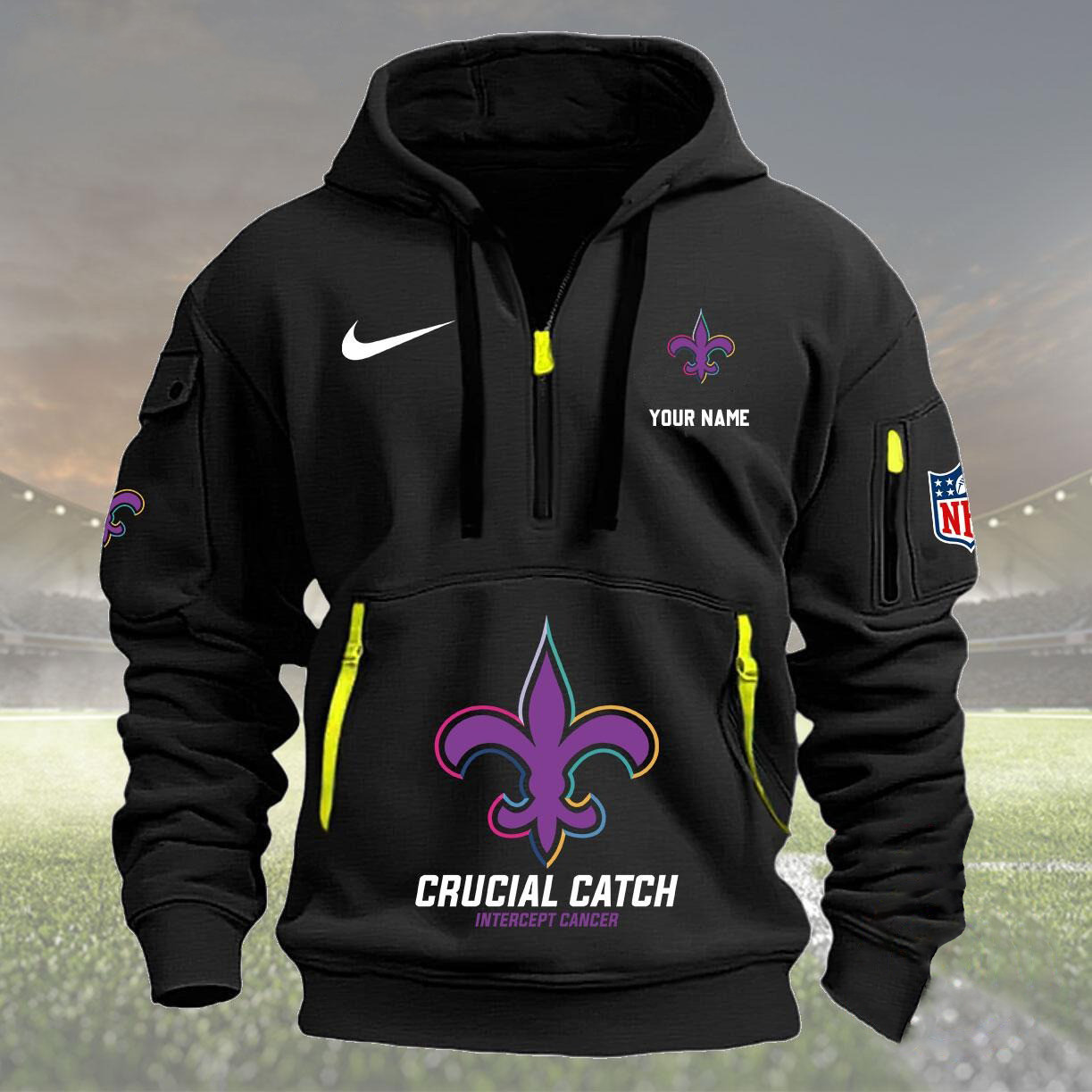 New Orleans Saints 2024 Quarter Half Zip Hoodie Crucial Catch Intercept Cancer