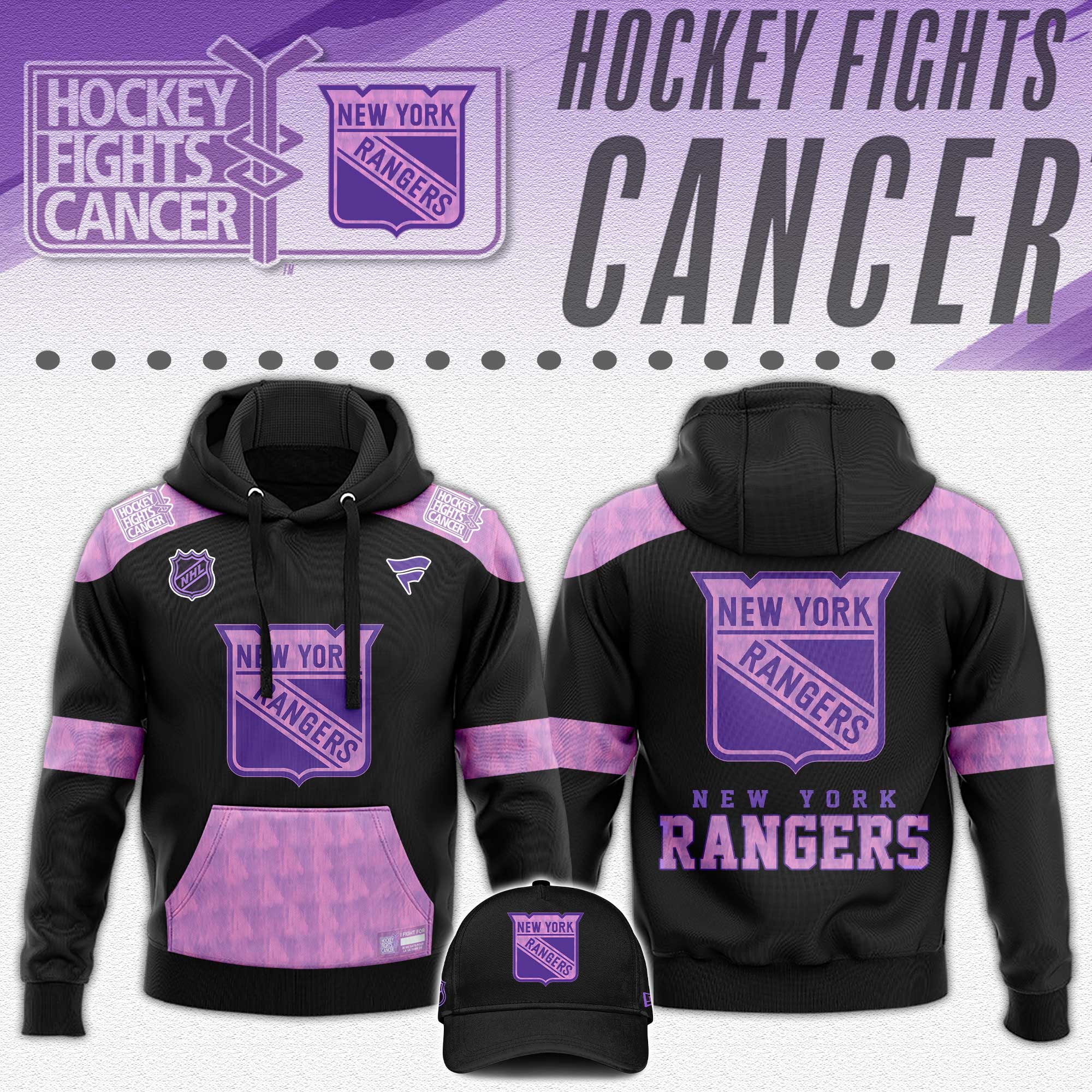 New York Rangers x Hockey Fights Cancer Black Hoodie 2024