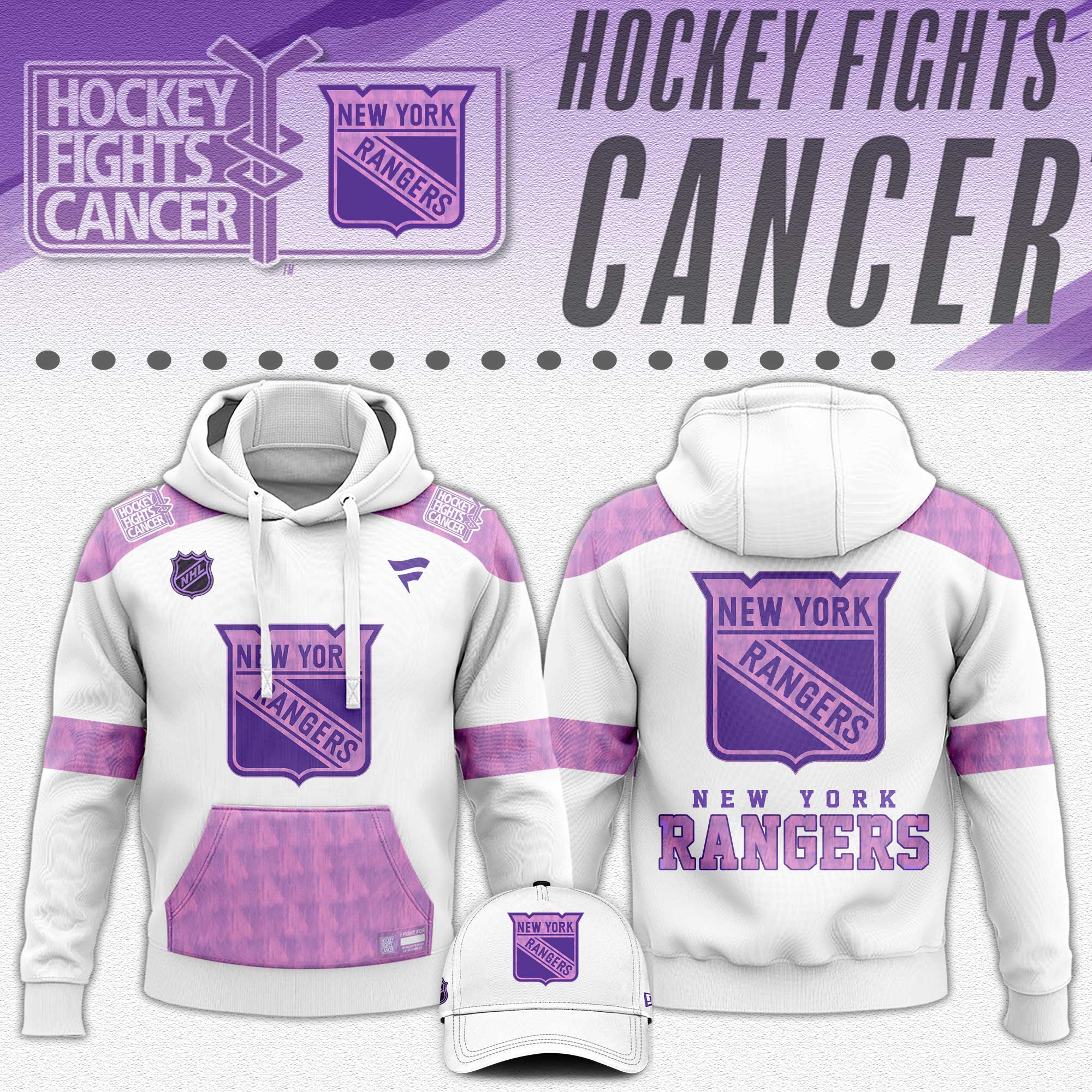New York Rangers x Hockey Fights Cancer White Hoodie 2024