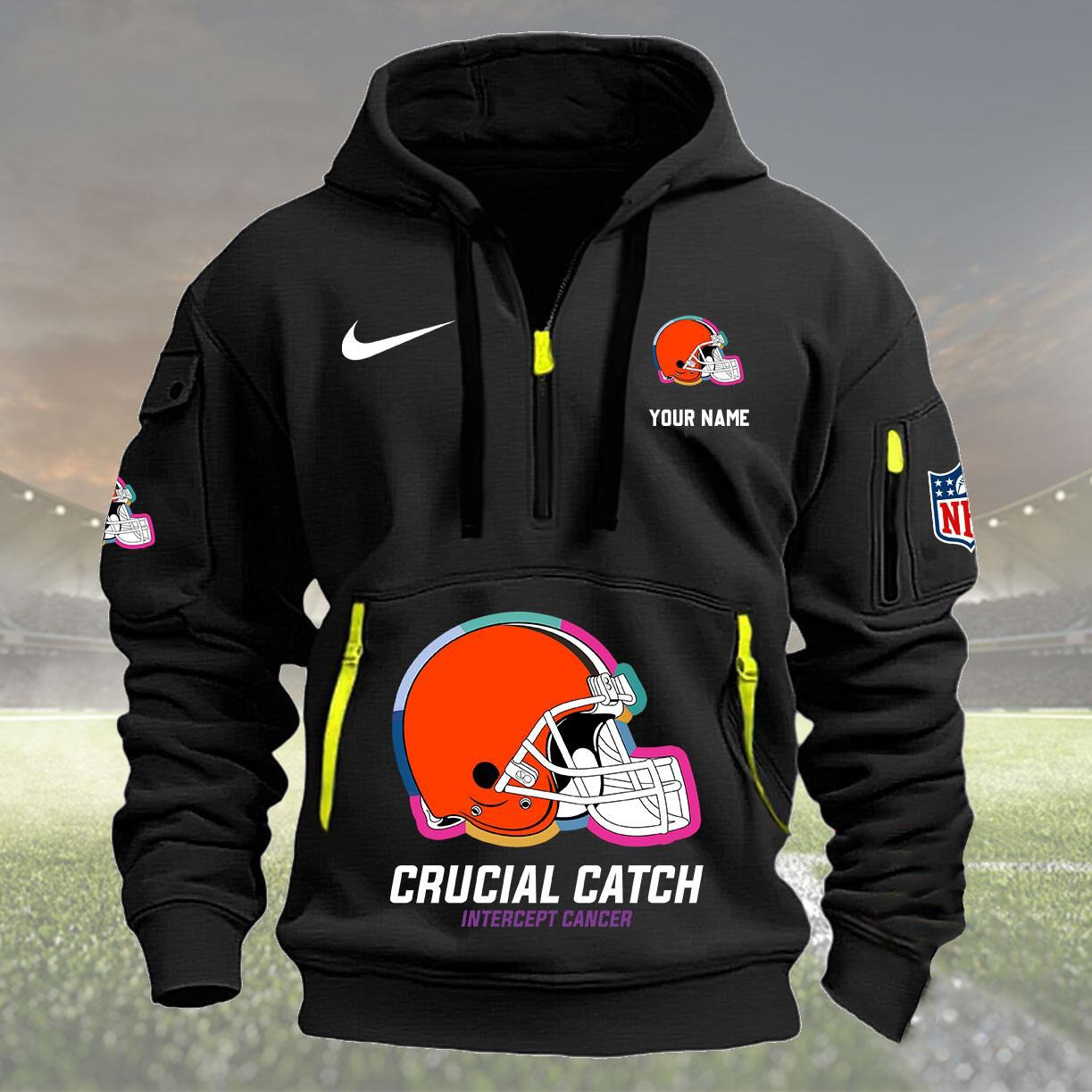 Personalized Cleveland Browns Quarter Half Zip Hoodie Crucial Catch Intercept Cancer