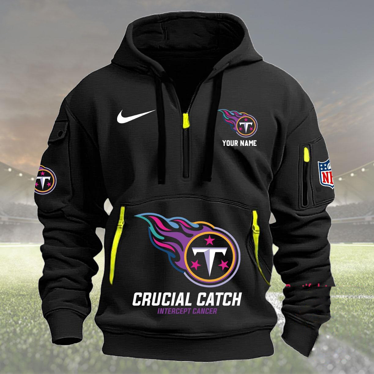 Personalized Tennessee Titans 2024 Quarter Zip Hoodie Crucial Catch Intercept Cancer
