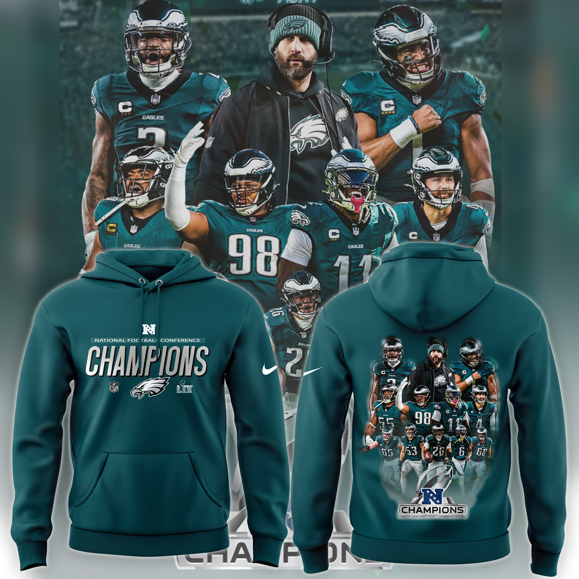 Philadelphia Eagles 2024 NFC Champions Locker Room Trophy Collection Hoodie