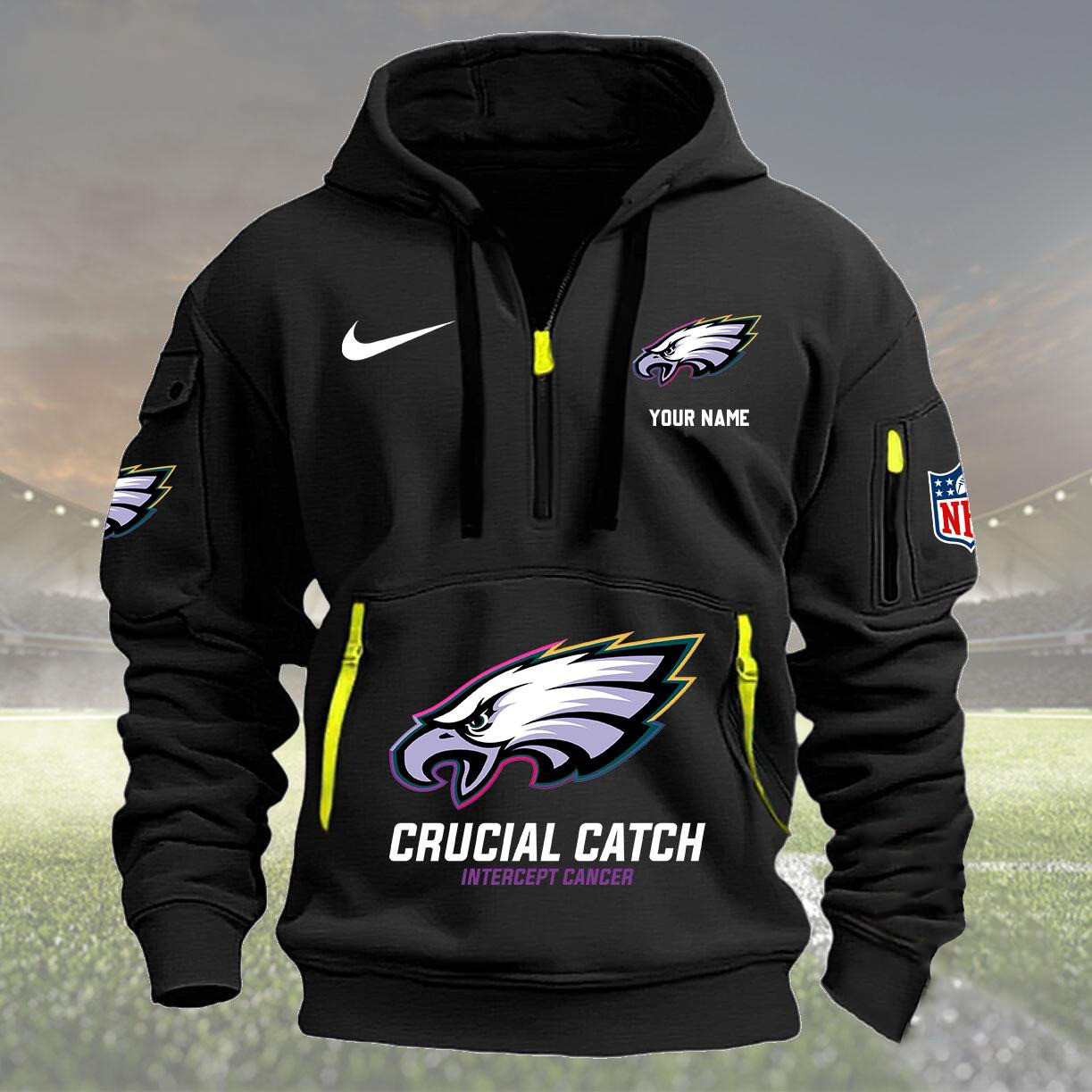 Philadelphia Eagles 2024 Quarter Zip Hoodie Crucial Catch Intercept Cancer