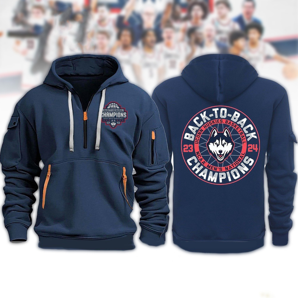 UConn Huskies Back To Back Champion Quarter Zip Hoodie Men's Basketball Champions