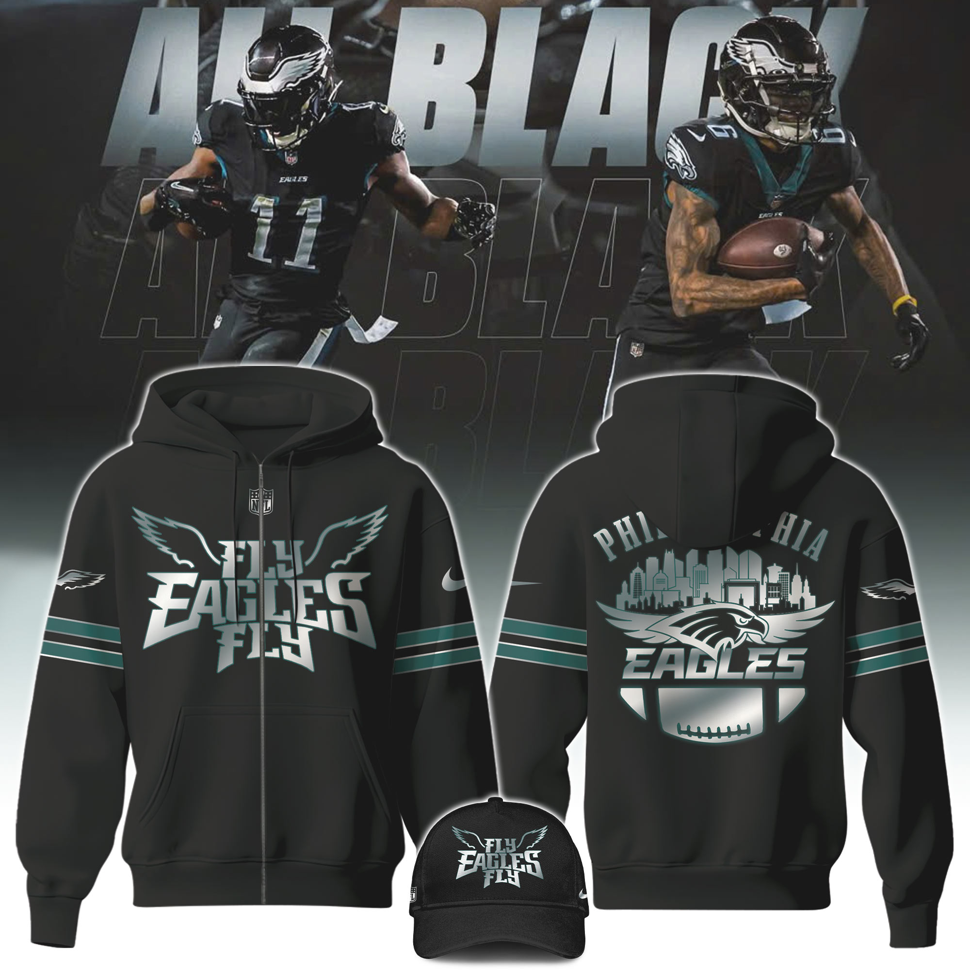 Unisex Philadelphia Eagles 2025 Black Zip Hoodie Jersey
