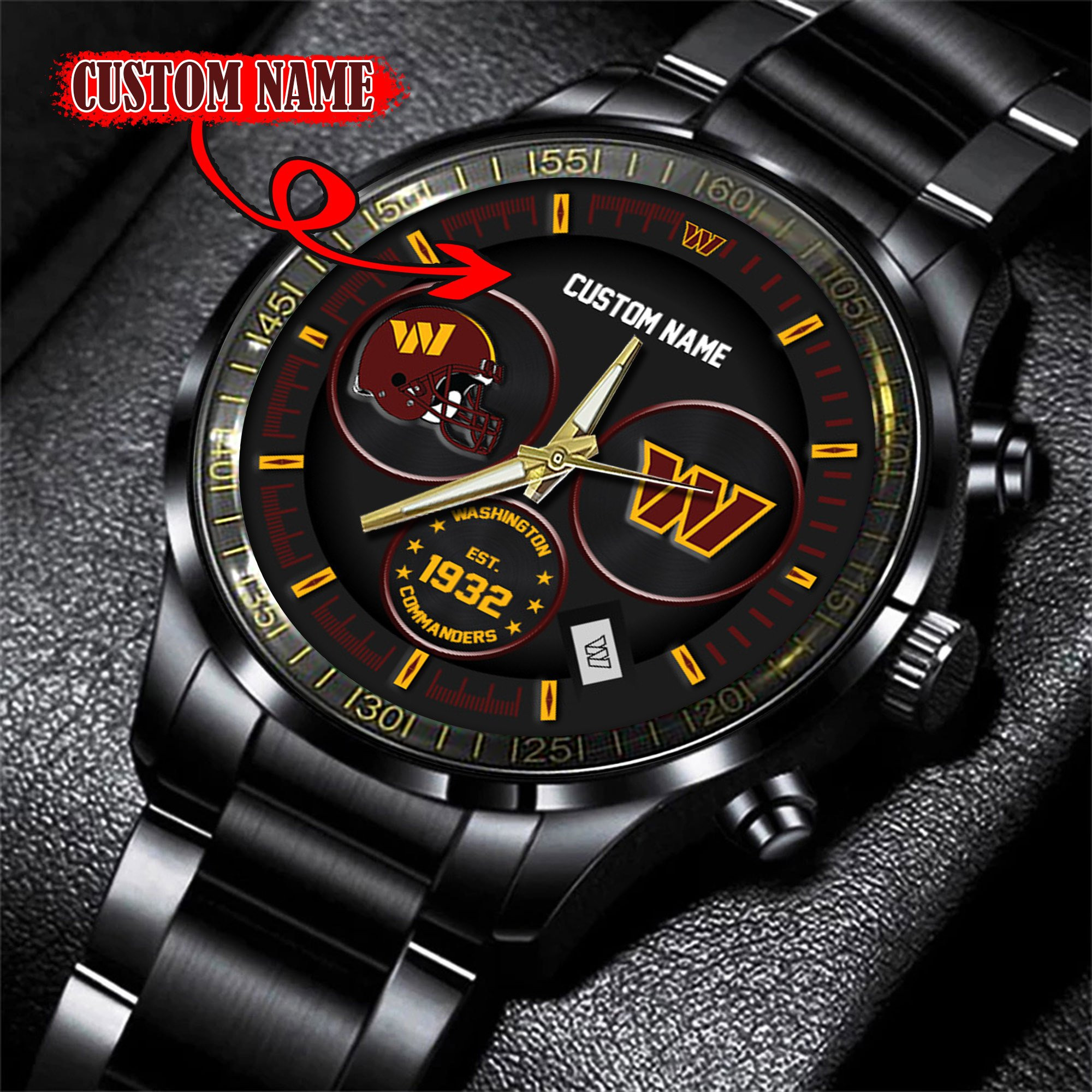 Washington Commanders Black Stainless Steel Watch